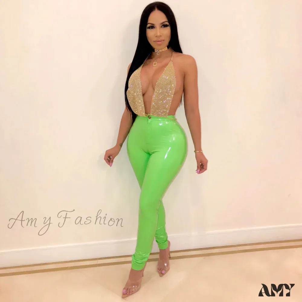 Amy Fashion - Latex Faux Pu Leather Pants Trousers