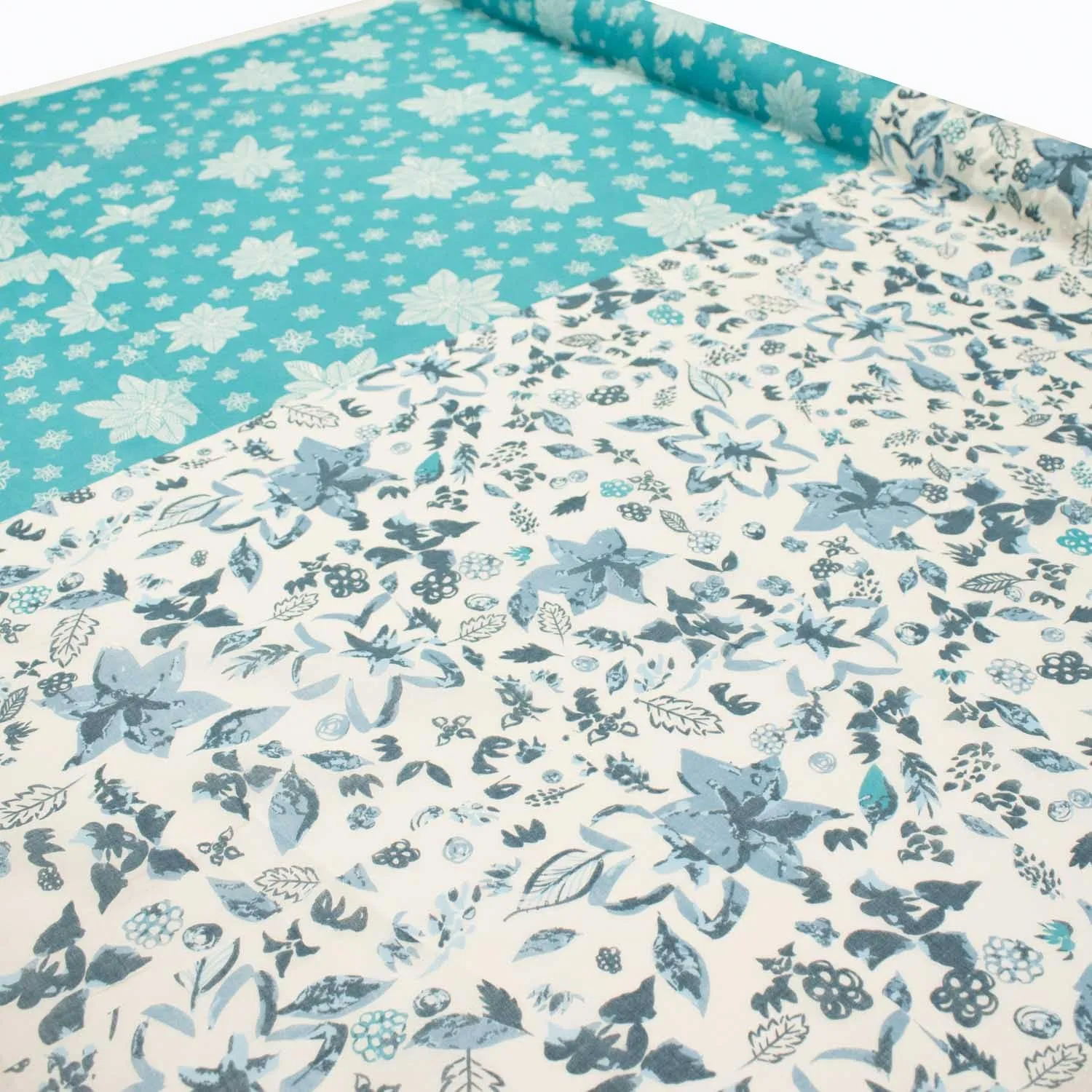 Border Printed Cotton Voile Design-16 Big White Flowers on Blue/Grey Blue Florals on White