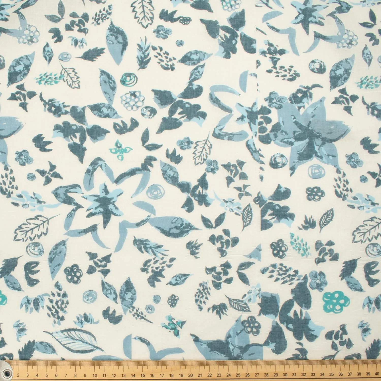 Border Printed Cotton Voile Design-16 Big White Flowers on Blue/Grey Blue Florals on White