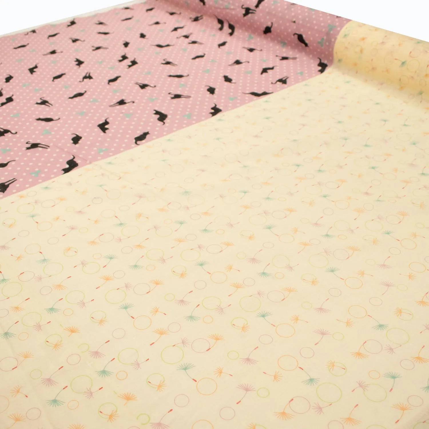 Border Printed Cotton Voile Design-31 Multi Colour Circle on Pale Yellow/Black Cats on Pink