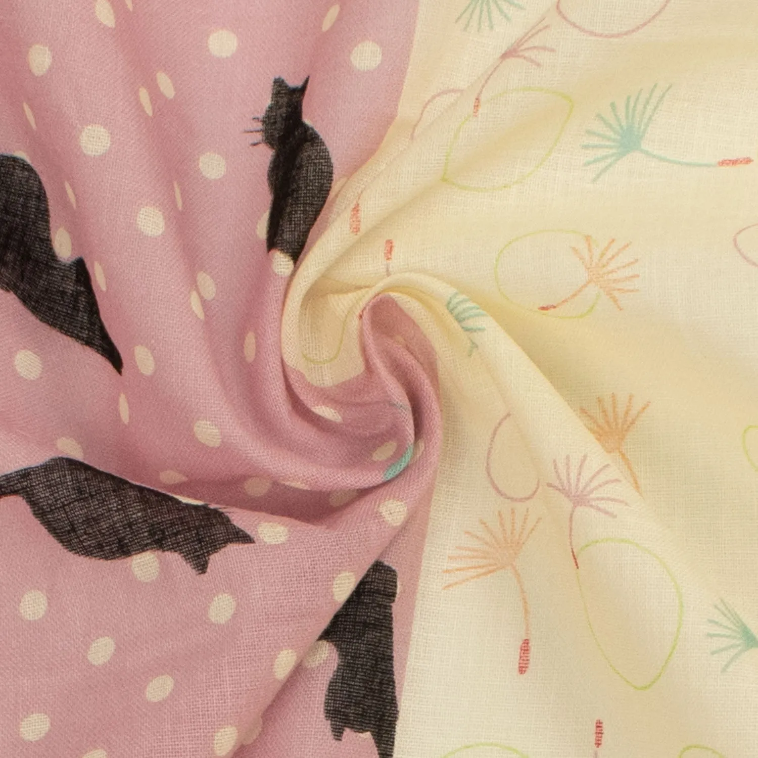 Border Printed Cotton Voile Design-31 Multi Colour Circle on Pale Yellow/Black Cats on Pink