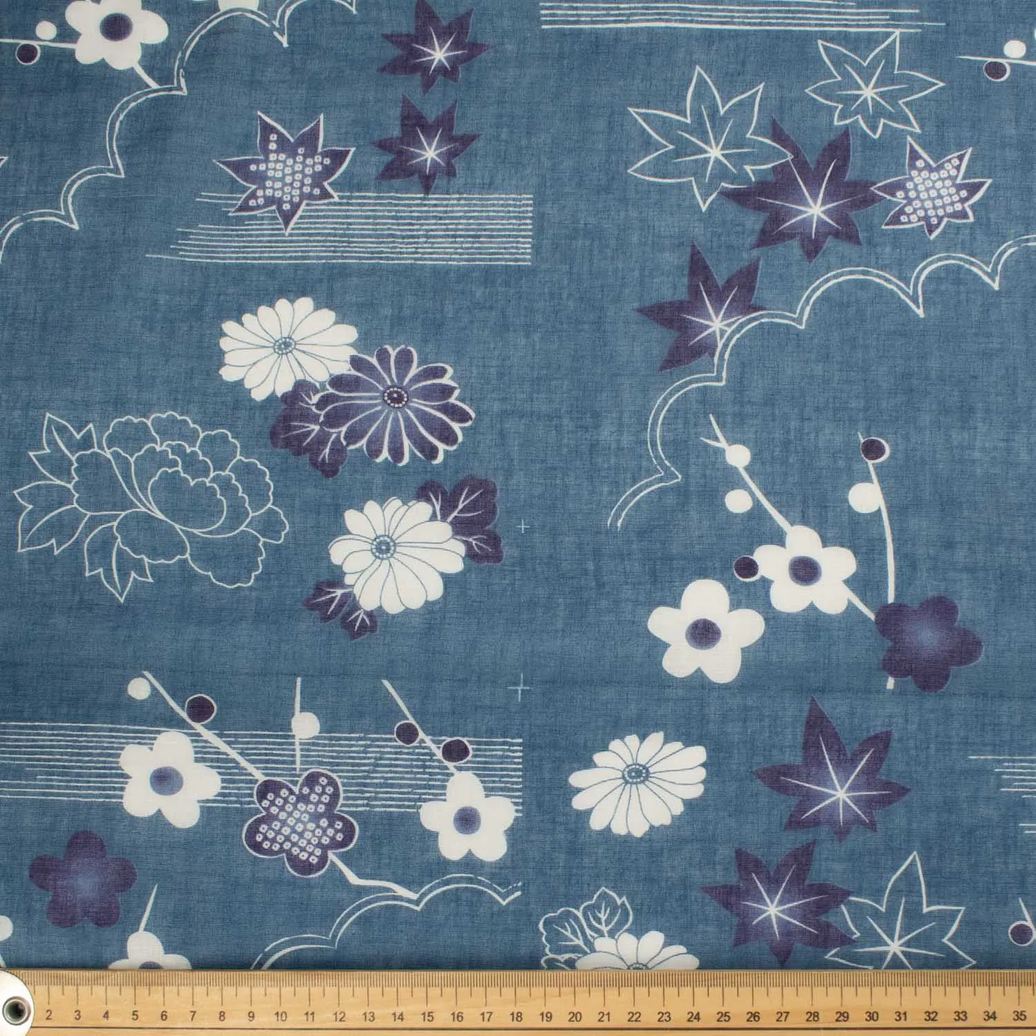 Border Printed Cotton Voile Design-32 Red & Blue Stripes on White/Flowers & Leaves on Blue