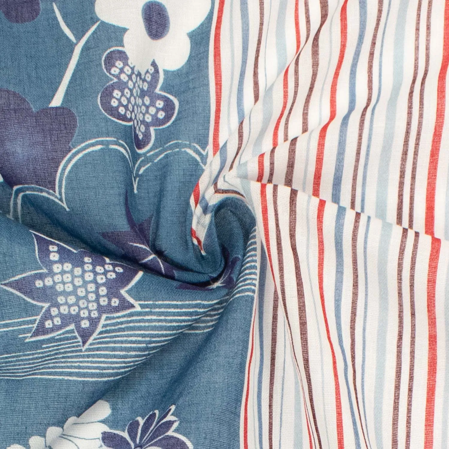 Border Printed Cotton Voile Design-32 Red & Blue Stripes on White/Flowers & Leaves on Blue