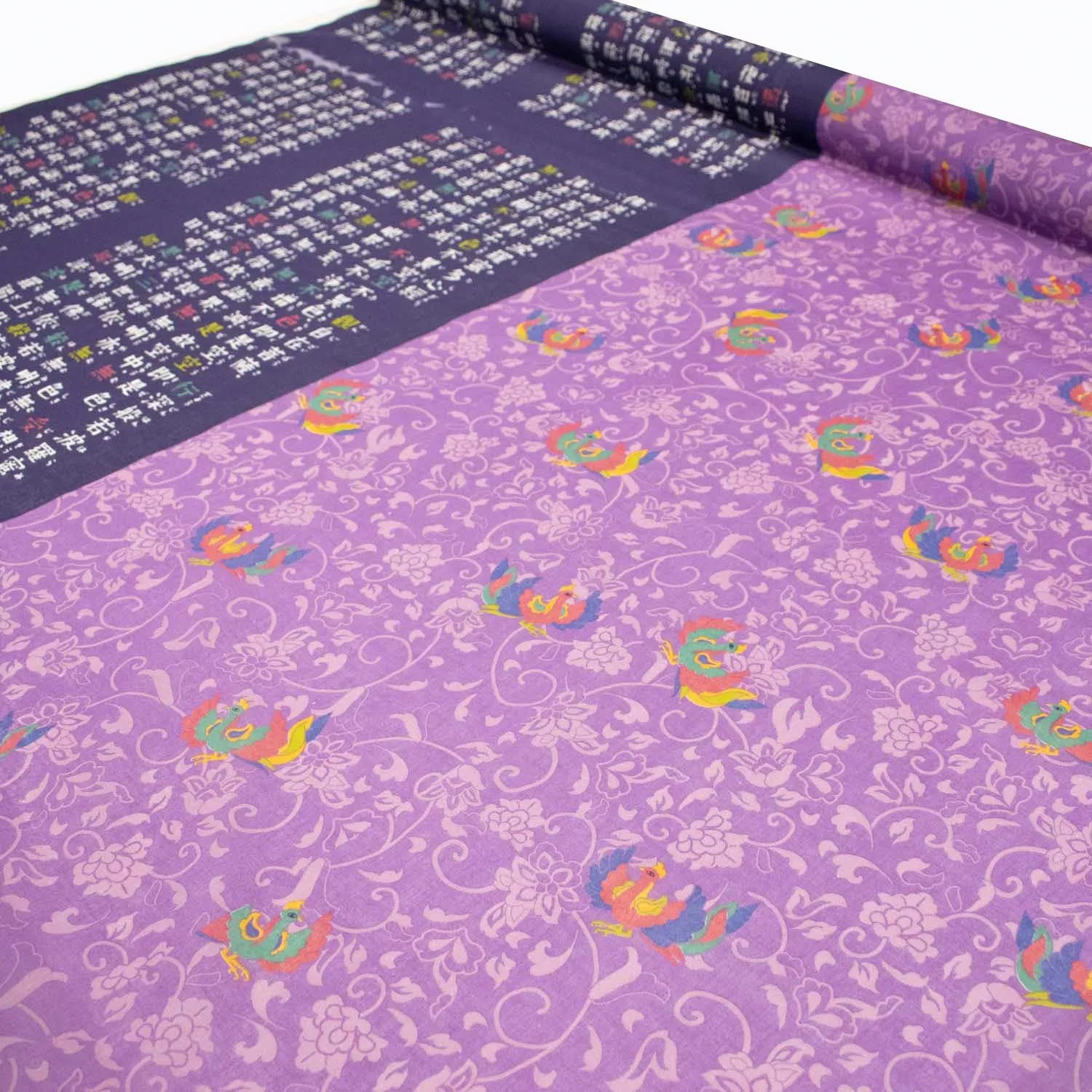 Border Printed Cotton Voile Design-5 Japanese on Dark Purple/ Phoenix & Flower Vines on Purple