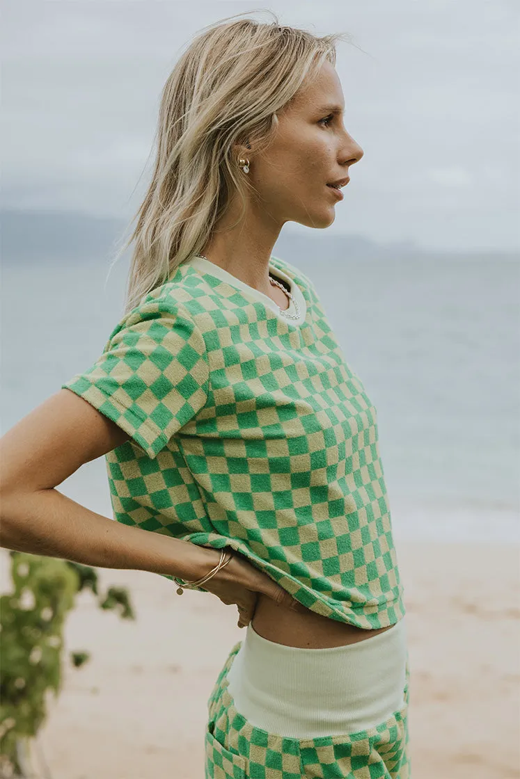 Boxy Cropped Tee - Lemon   Lime Checkerboard Terrycloth