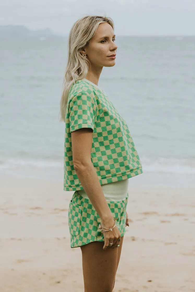 Boxy Cropped Tee - Lemon   Lime Checkerboard Terrycloth