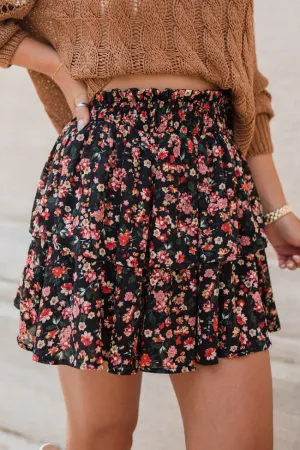 Breezy Black Floral Tiered Skort