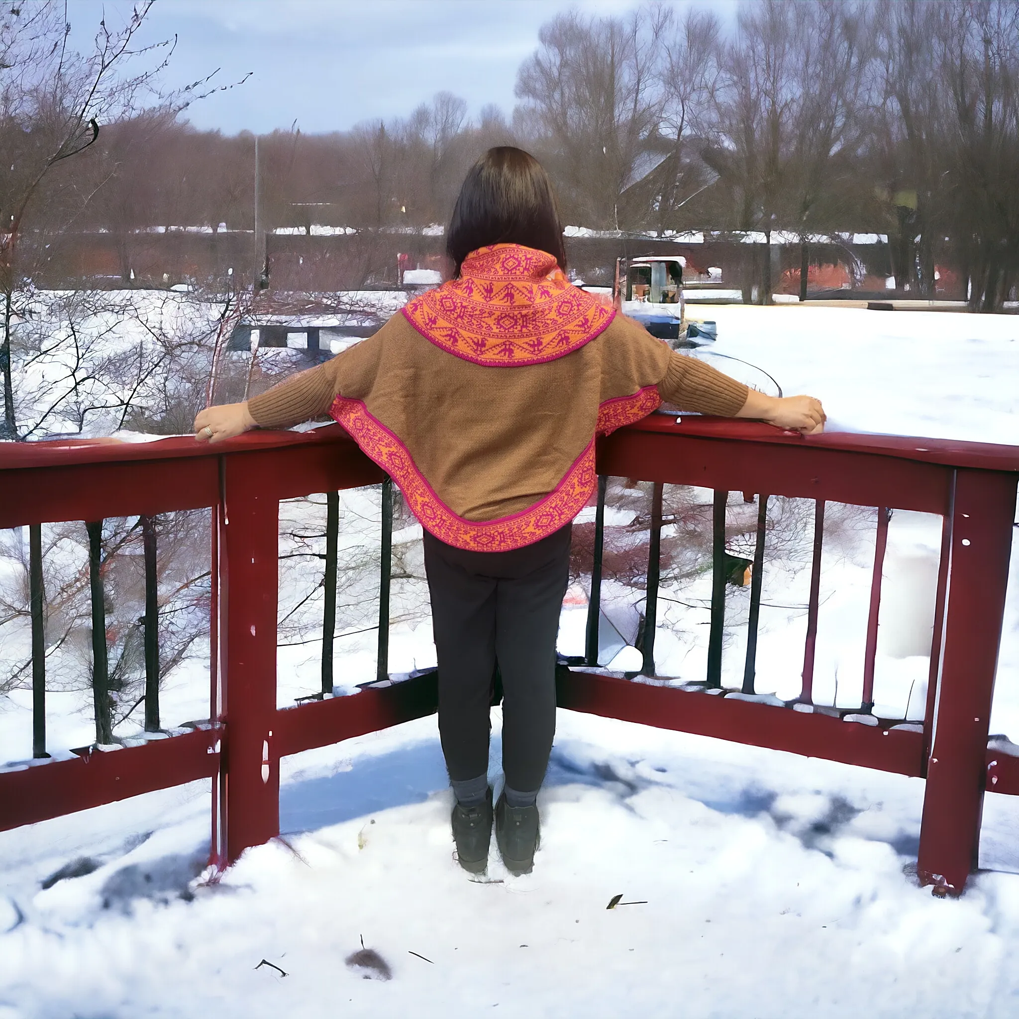 Brown poncho with sleeves is knit of alpaca fibers #0028