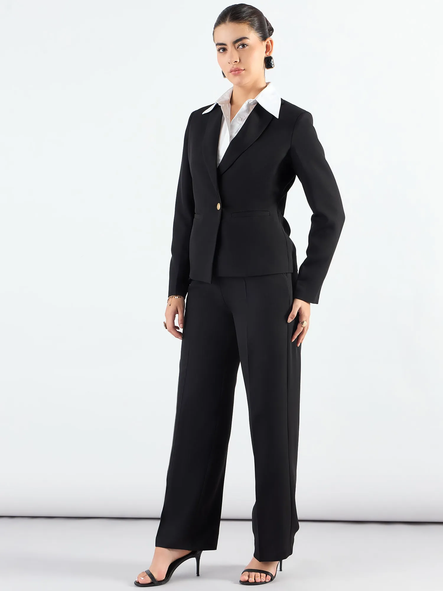 Chic Black Asymmetric Blazer Styled With Fitted Trouser