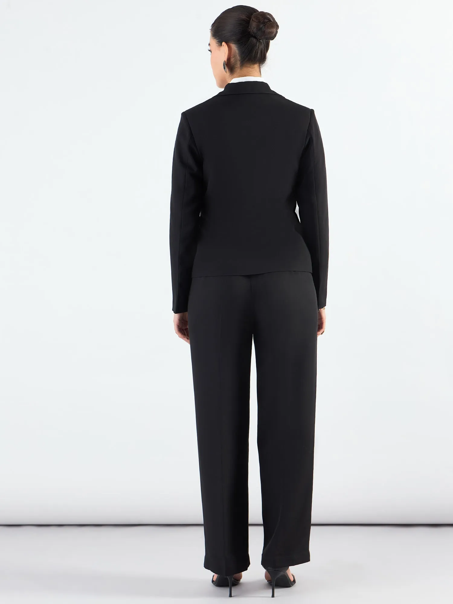 Chic Black Asymmetric Blazer Styled With Fitted Trouser