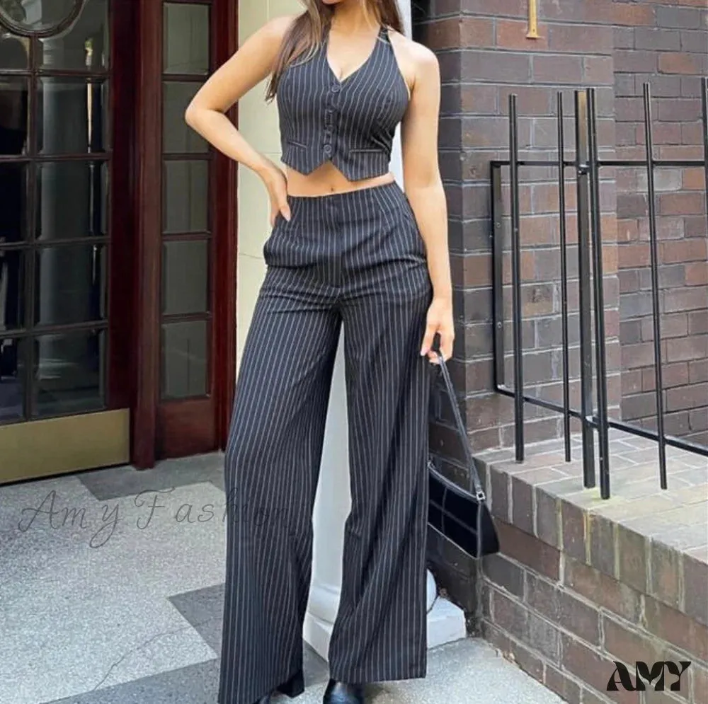 Chic Loose Striped Waistcoat Bell-Bottoms Suit