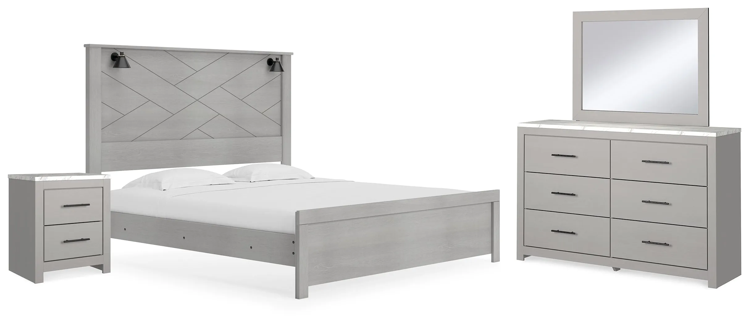 Cottonburg King Panel Bed with Mirrored Dresser and Nightstand in Light Gray/White