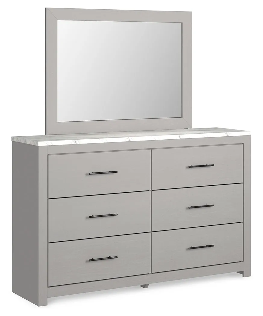 Cottonburg King Panel Bed with Mirrored Dresser and Nightstand in Light Gray/White