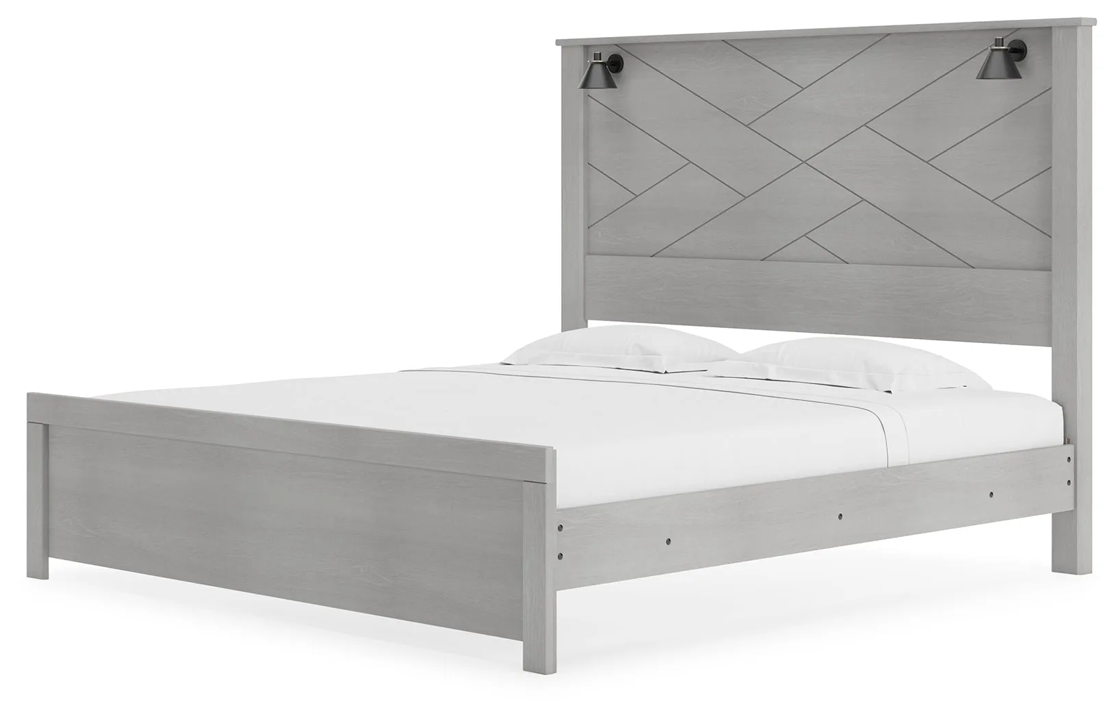 Cottonburg King Panel Bed with Mirrored Dresser and Nightstand in Light Gray/White