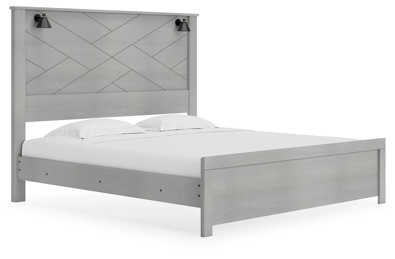 Cottonburg King Panel Bed with Mirrored Dresser and Nightstand in Light Gray/White