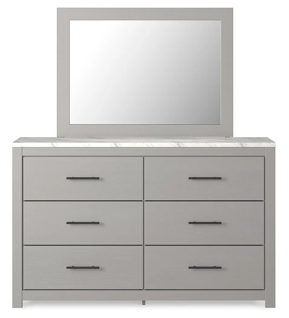 Cottonburg King Panel Bed with Mirrored Dresser and Nightstand in Light Gray/White