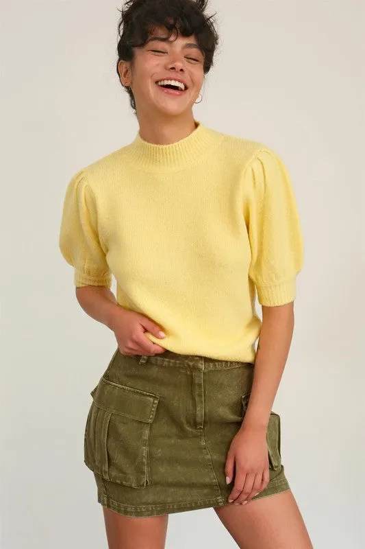 Creamy Yellow Short Sleeve Sweater With Puff Sleeves