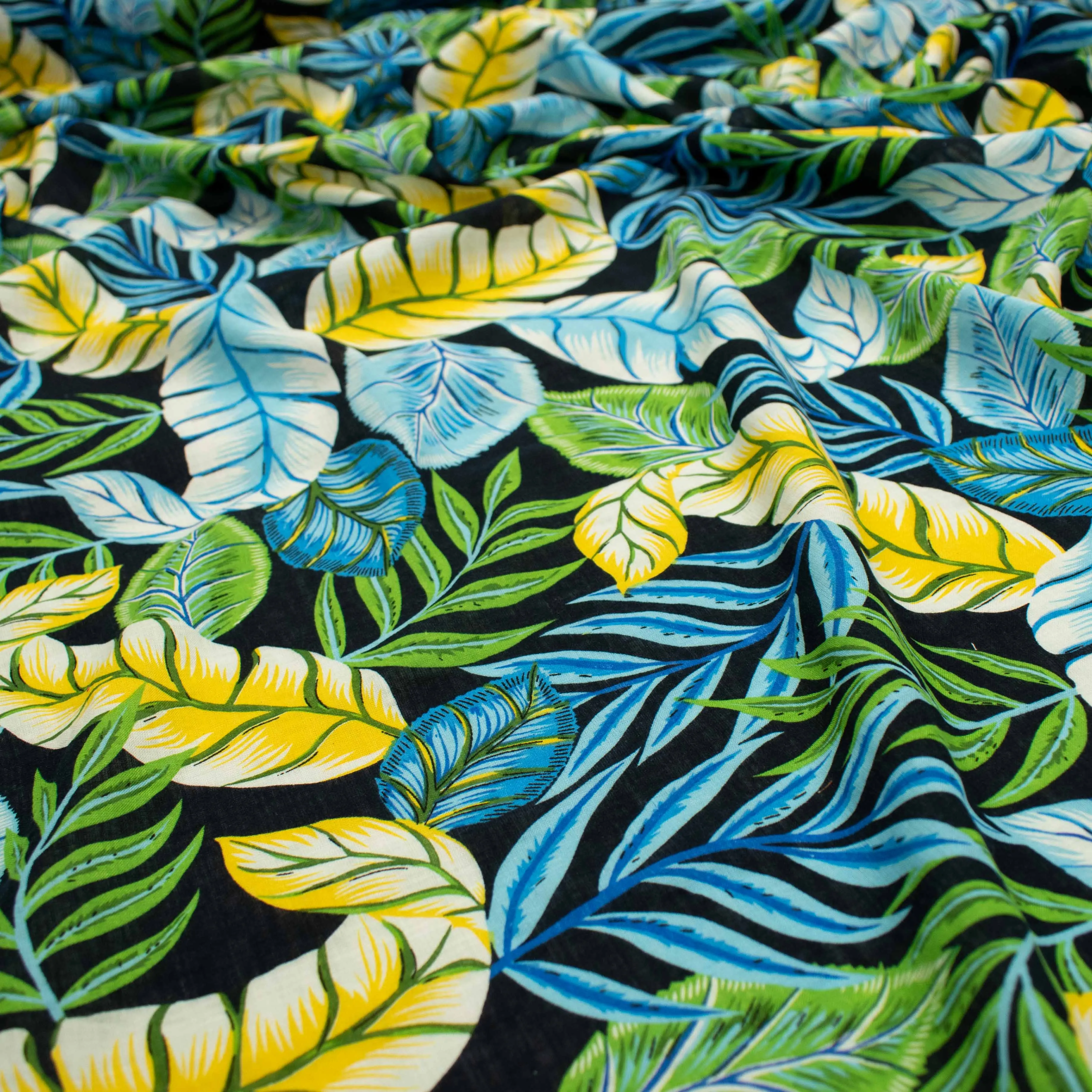 Crinkle Cotton Prints Design-21 Blue & Yellow Leaves on Black