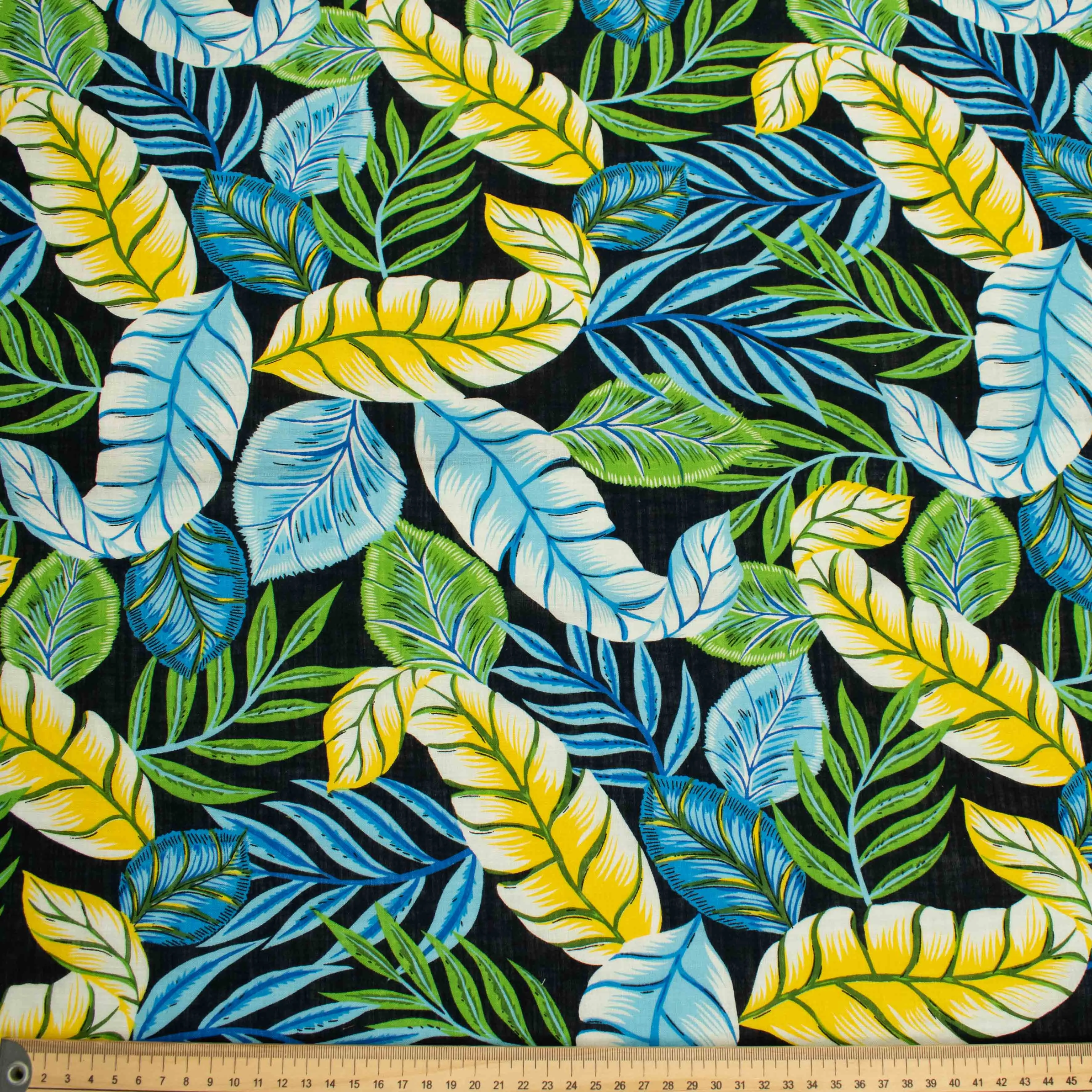 Crinkle Cotton Prints Design-21 Blue & Yellow Leaves on Black