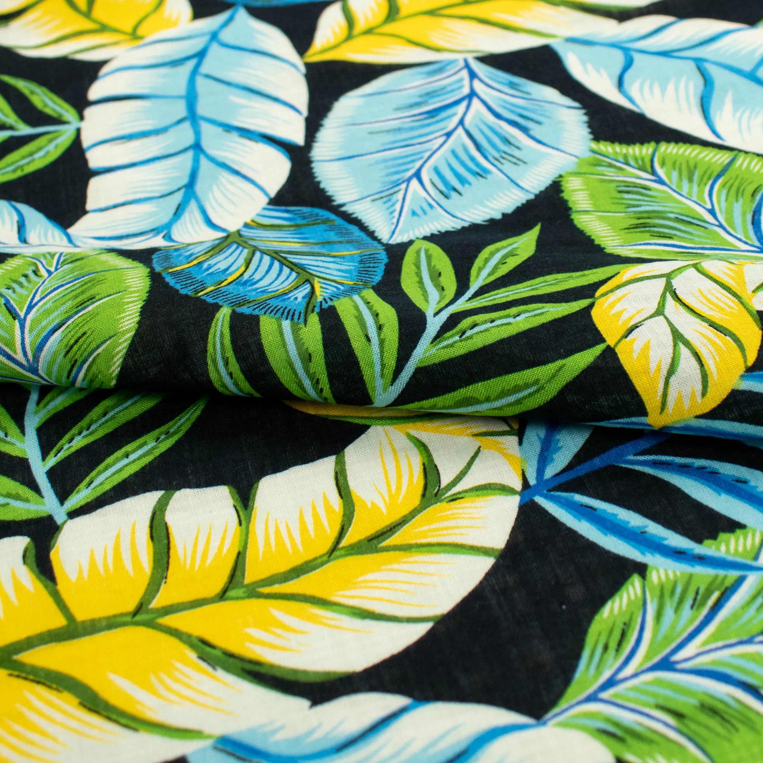 Crinkle Cotton Prints Design-21 Blue & Yellow Leaves on Black