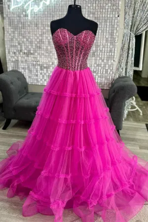 Eddye | Sweetheart Fuchsia Beaded Ruffles Tulle Prom Dress