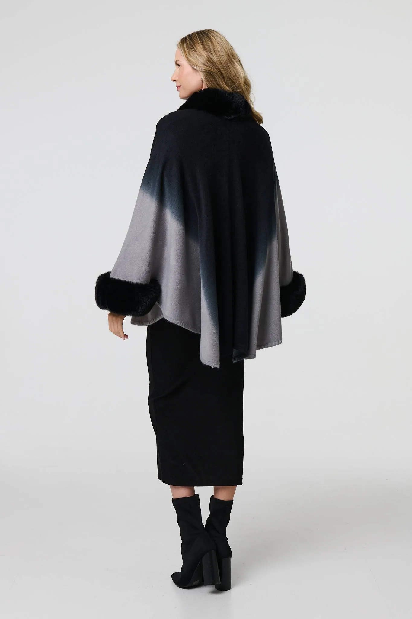 Faux Fur Trim Thigh Length Poncho