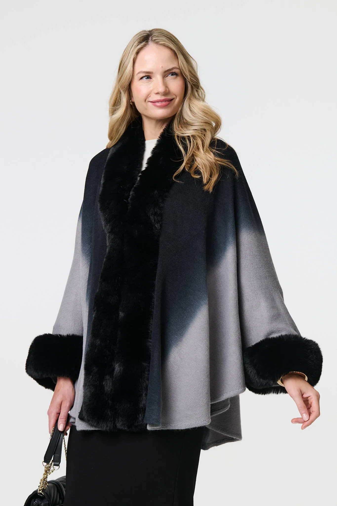 Faux Fur Trim Thigh Length Poncho