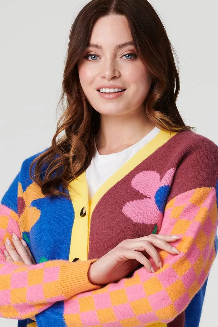 Floral Colour Block Knit Cardigan