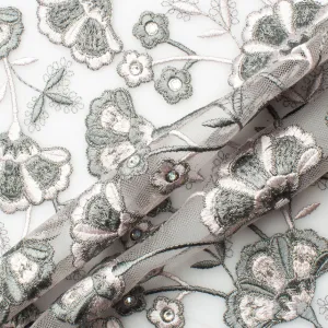 Grey & Pale Pink Floral Embroidered Tulle