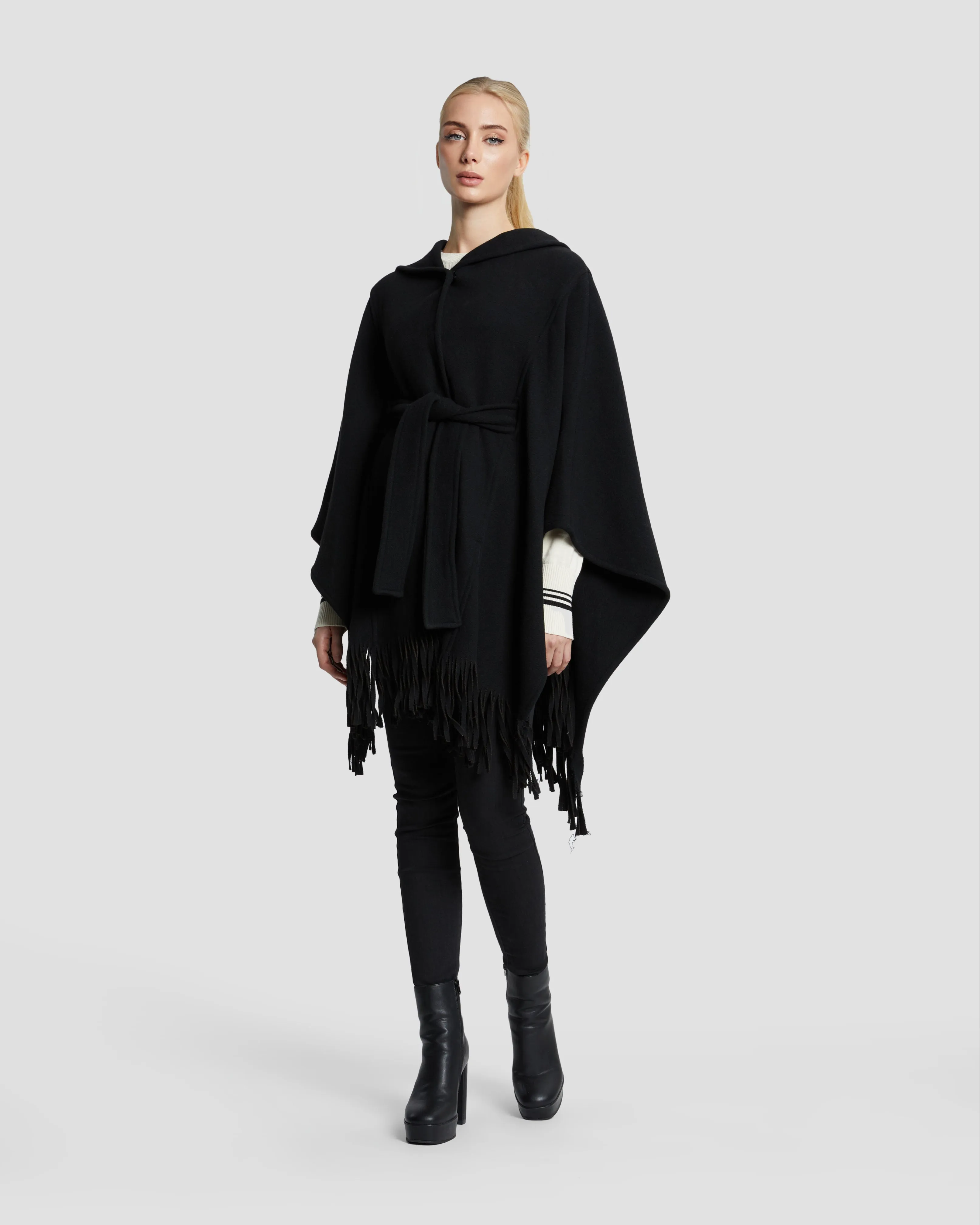 Hooded Fringed Hem Poncho