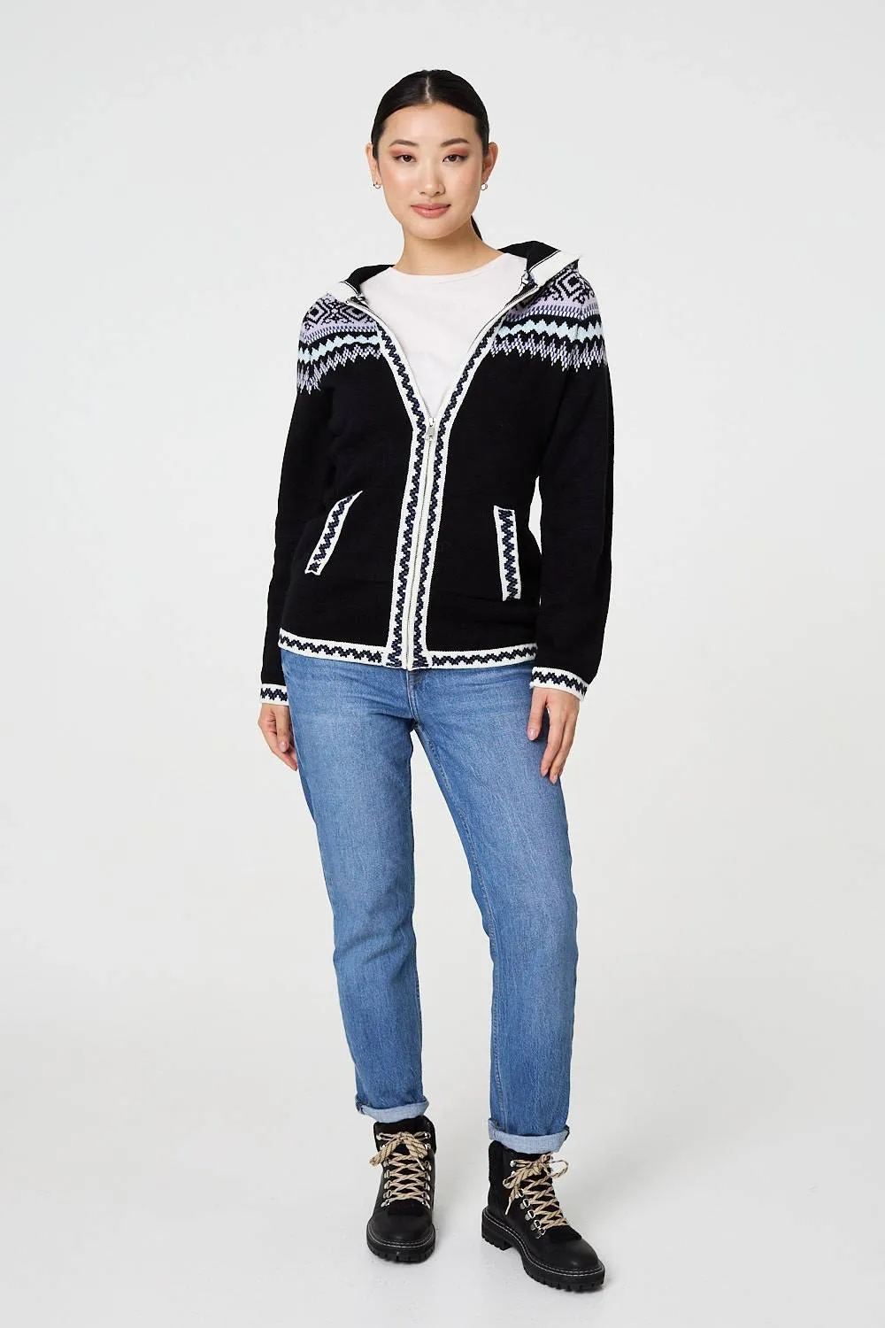 Ikat Print Zip Front Hooded Jumper