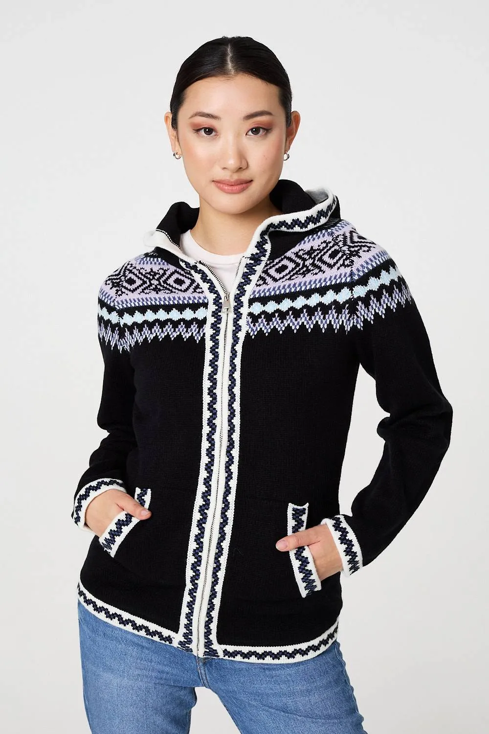 Ikat Print Zip Front Hooded Jumper