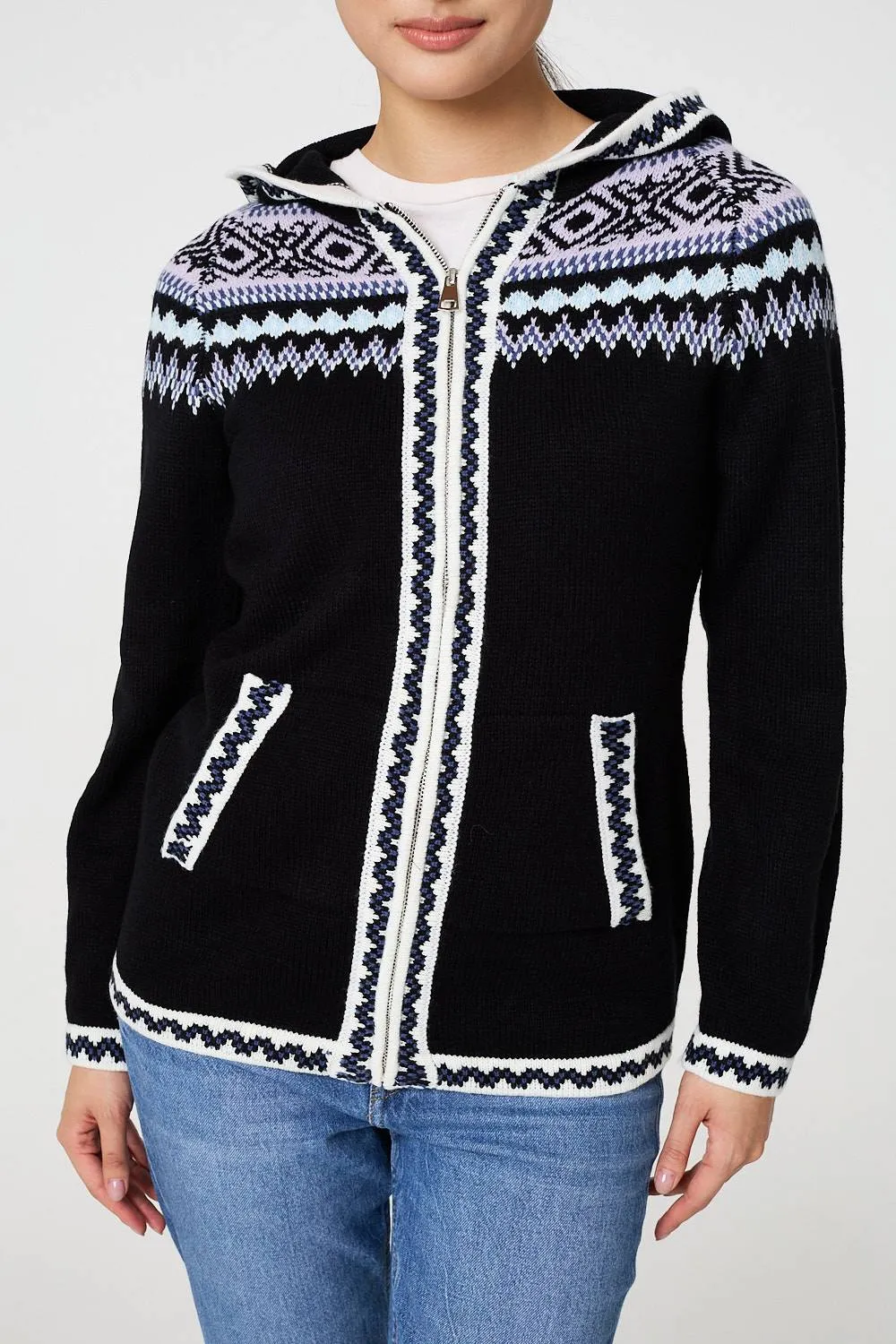 Ikat Print Zip Front Hooded Jumper