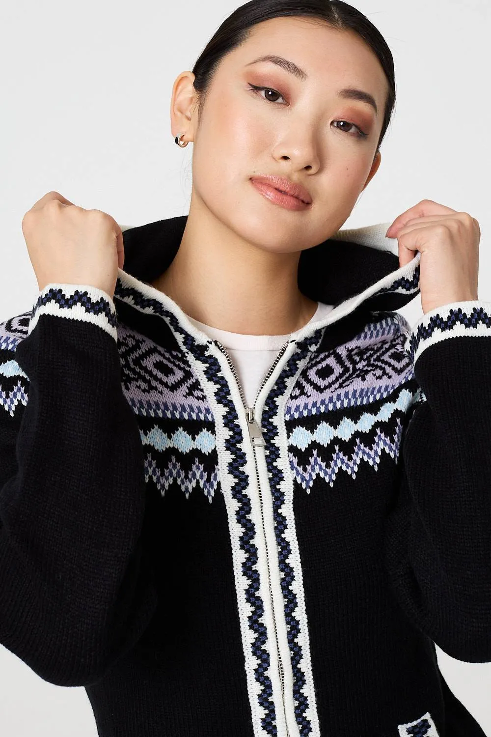 Ikat Print Zip Front Hooded Jumper