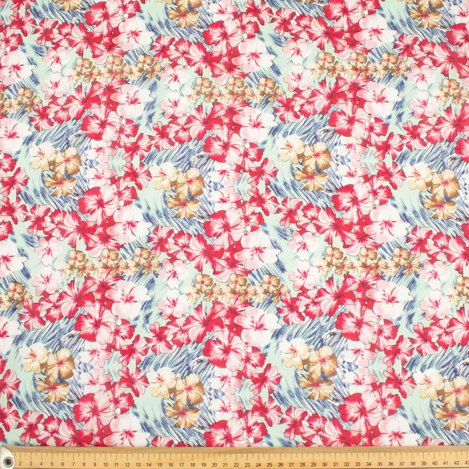 Japanese Pure Cotton Lawn Prints Design-160 Red Floral Bloom on Baby Blue