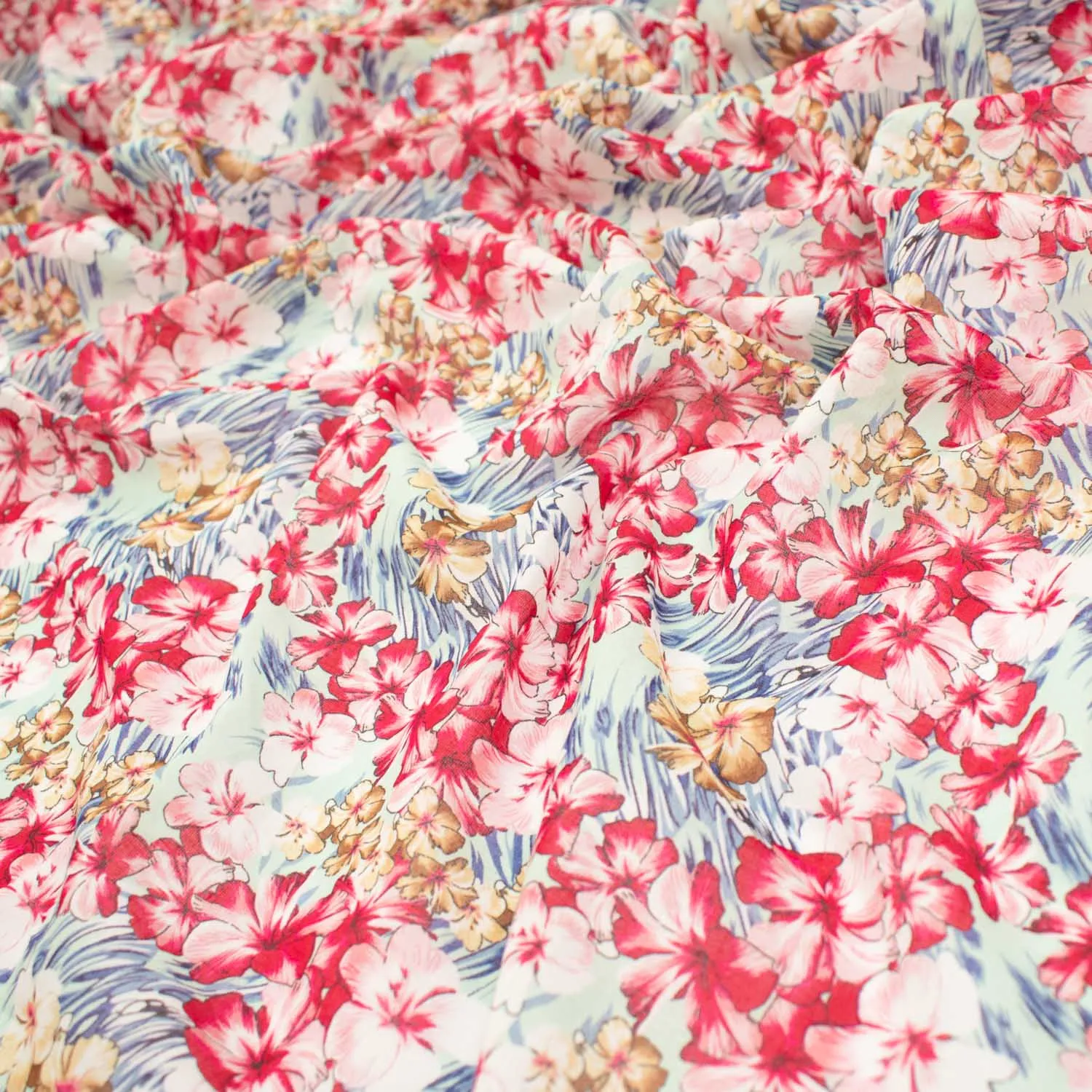 Japanese Pure Cotton Lawn Prints Design-160 Red Floral Bloom on Baby Blue