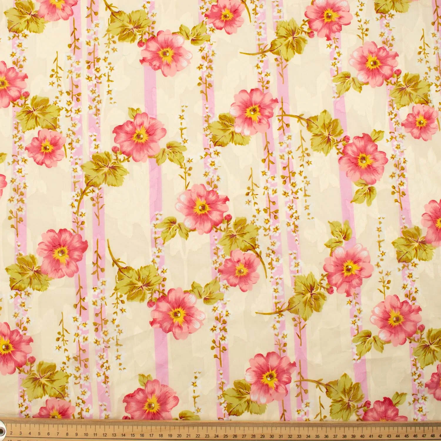 Japanese Pure Cotton Lawn Prints Design-215 Red Flowers & Pink Stripes on Cream