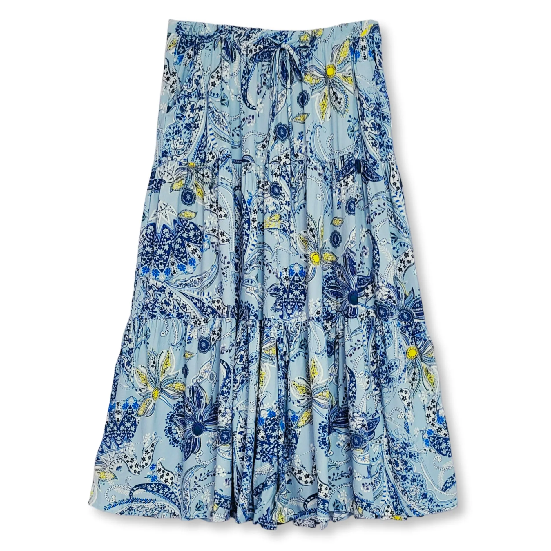 KAREN KANE Boho Floral Paisley Print Side Pockets Tiered Midi Skirt