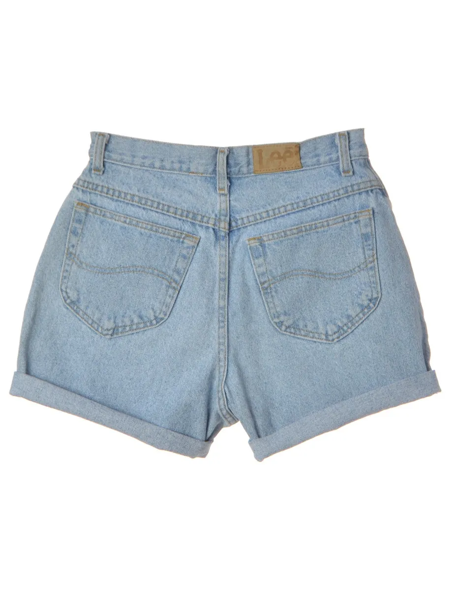 Label Rolled Hem Light Wash Denim Shorts