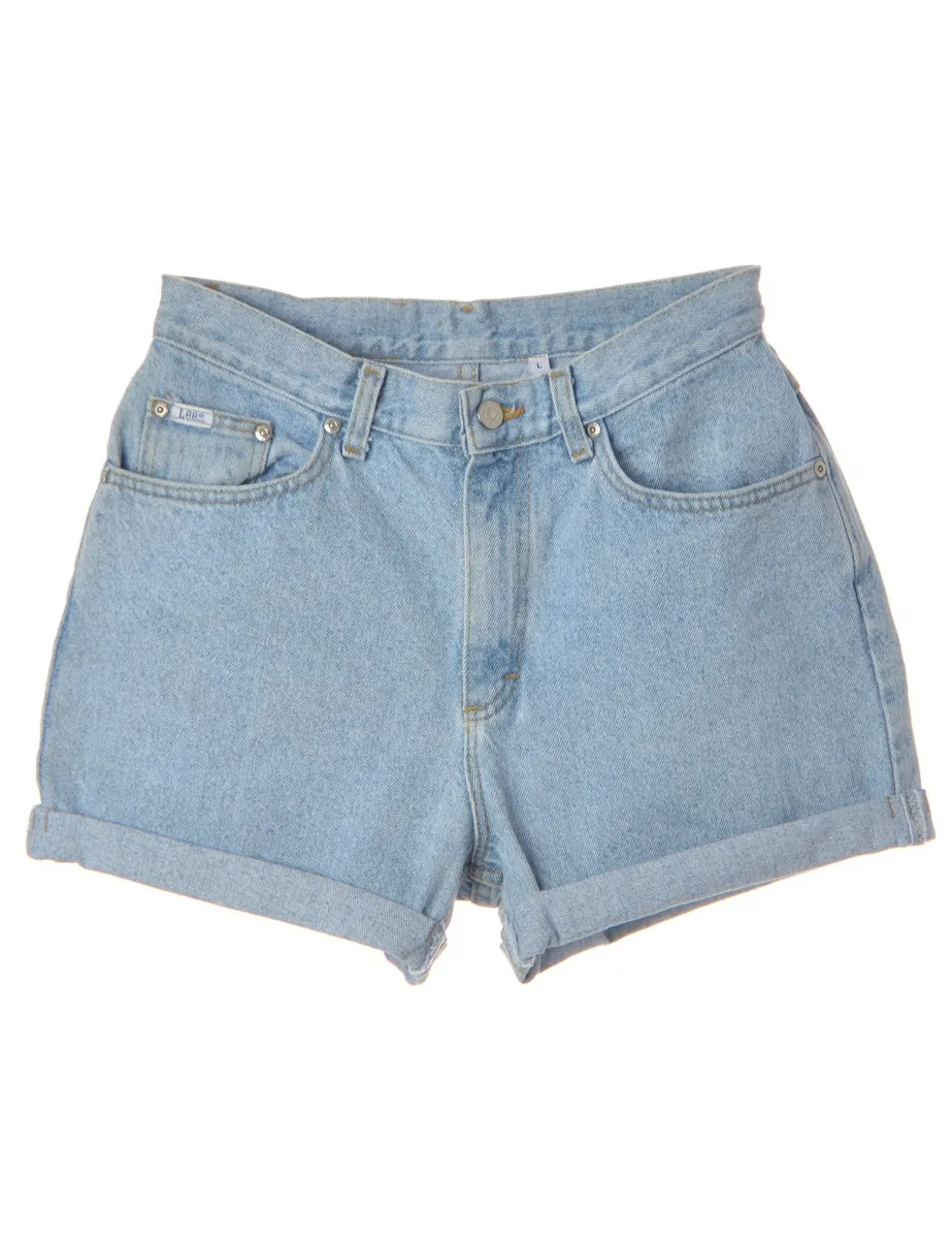 Label Rolled Hem Light Wash Denim Shorts