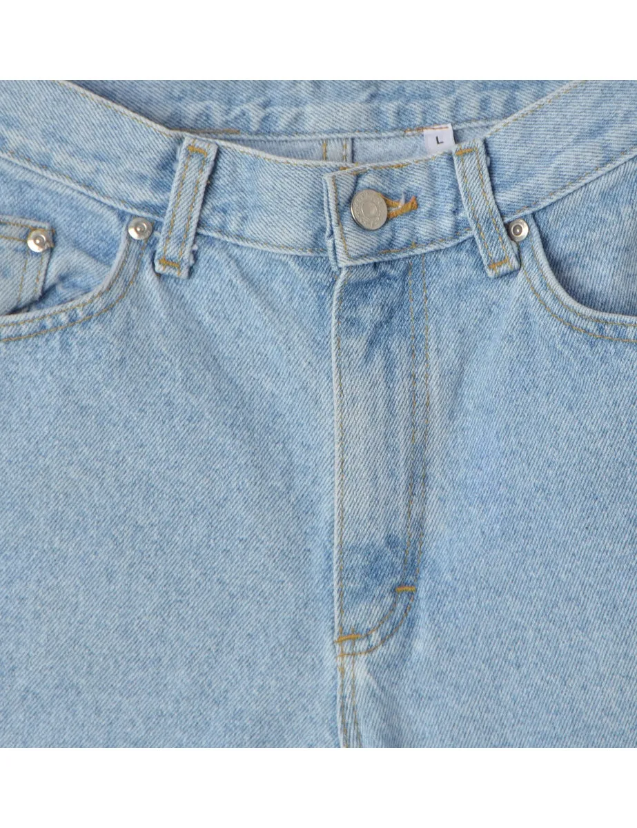 Label Rolled Hem Light Wash Denim Shorts