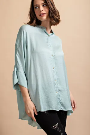 Mint Washed Satin Button Down Loose Fit Top