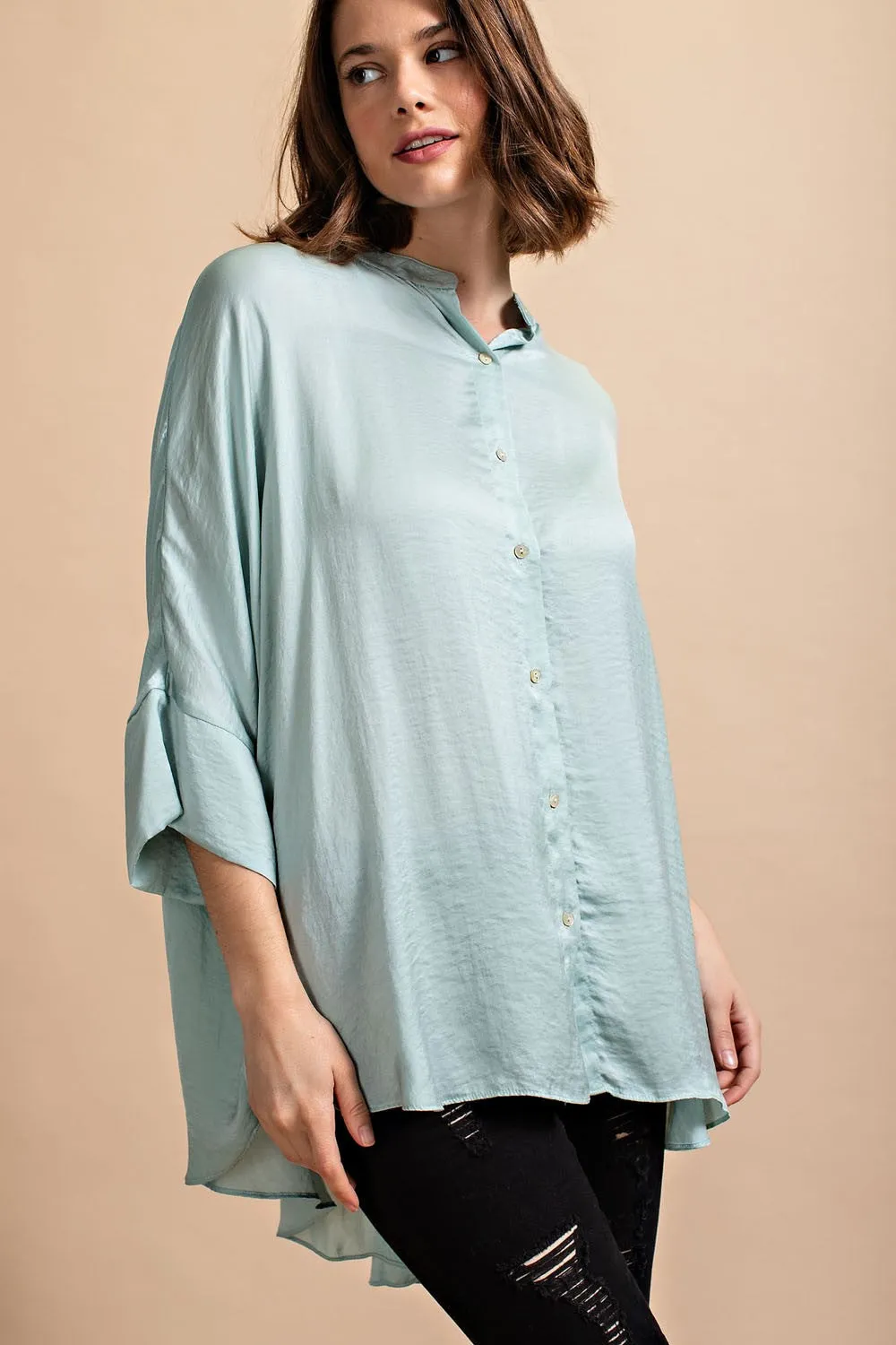 Mint Washed Satin Button Down Loose Fit Top