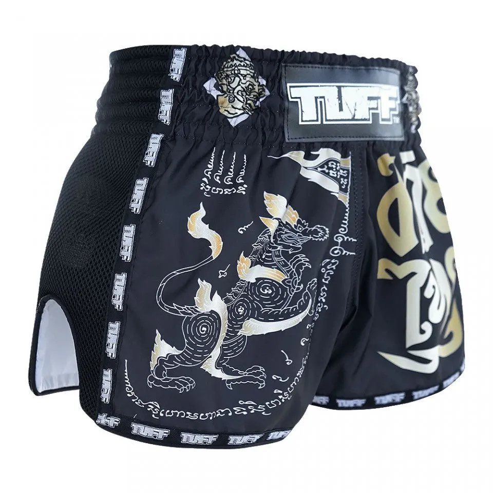 MRS206 TUFF Muay Thai Shorts Retro Style Black Singha Yantra with War Flag