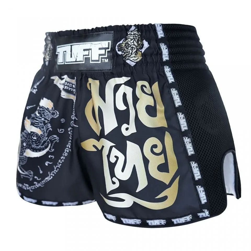 MRS206 TUFF Muay Thai Shorts Retro Style Black Singha Yantra with War Flag