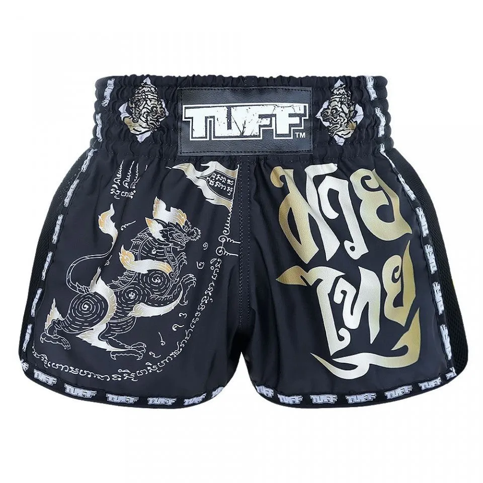 MRS206 TUFF Muay Thai Shorts Retro Style Black Singha Yantra with War Flag