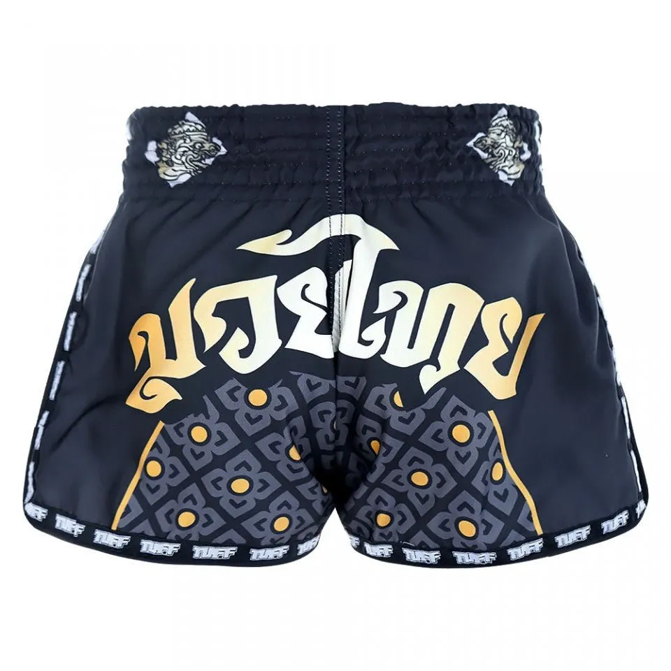 MRS206 TUFF Muay Thai Shorts Retro Style Black Singha Yantra with War Flag