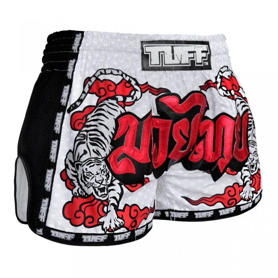 MRS301 TUFF Muay Thai Shorts Retro Style White Double Tiger With Red Text