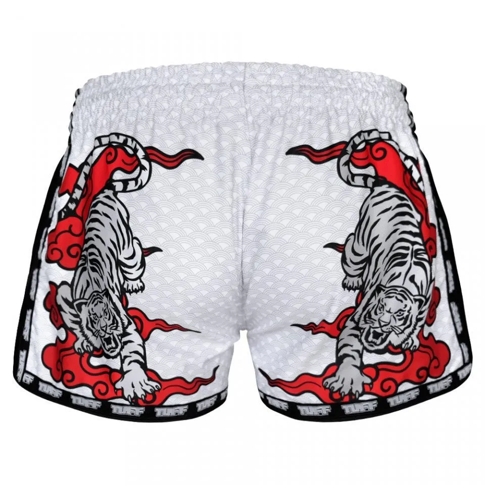 MRS301 TUFF Muay Thai Shorts Retro Style White Double Tiger With Red Text