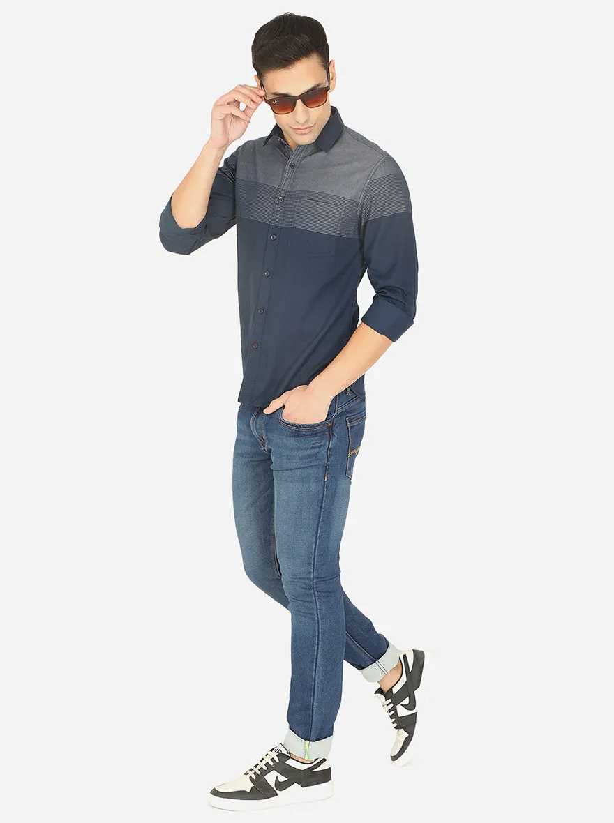 Navy Blue & Grey Striped Slim Fit Semi Casual Shirt | Greenfibre